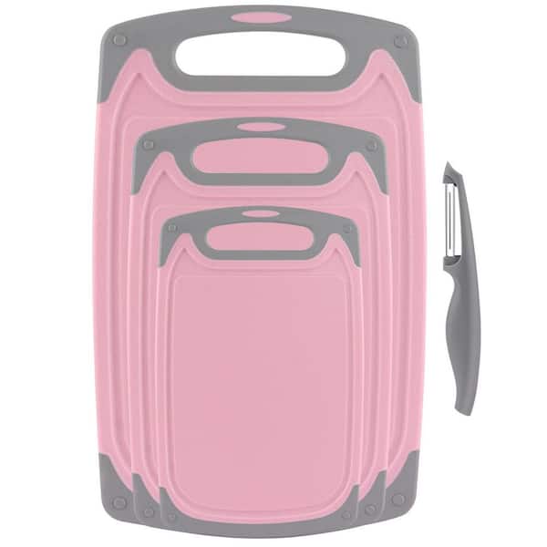4-Piece Rectangle Plastic Cutting Board Set (S, M, L) 15.74 x 9.56 in. Non-Slip Juice Groove, Dishwasher Safe, Pink