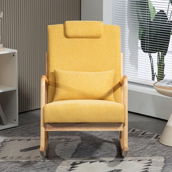 Yellow Linen Modern Glider Rocking Chair, Living Room Accent Chair Armchair with Waist Cushion and Solid Wood Frame