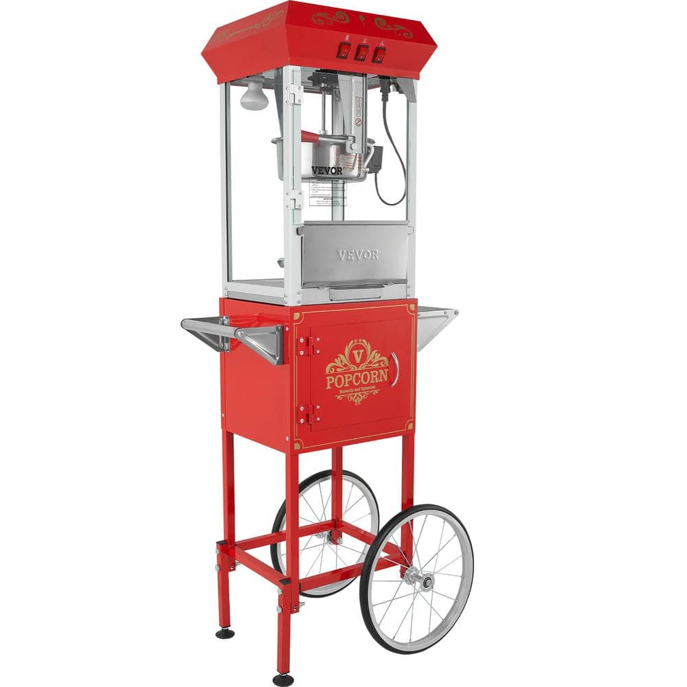 VEVOR 850-Watt 8 oz. Red Popcorn Maker on Wheels Kettle Commercial Popcorn Machine with 3-Switch Control