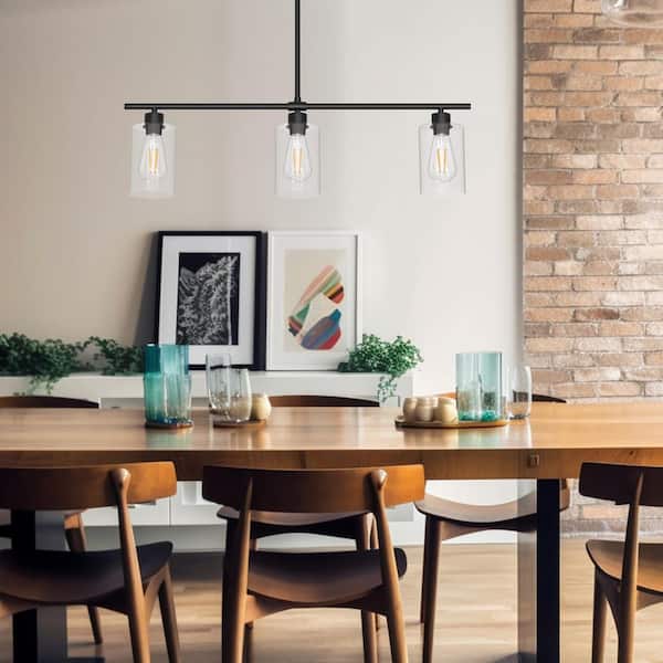 3-Light Black Kitchen Island Linear Pendant with Clear Glass Shades