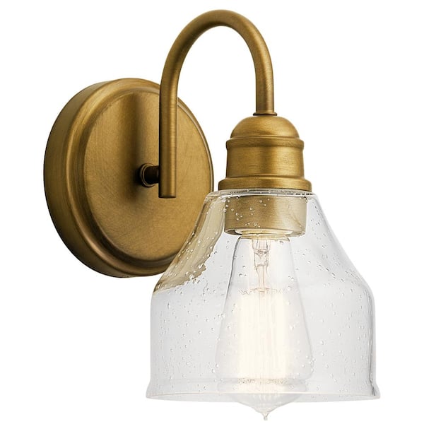 KICHLER Avery 1-Light Natural Brass Bathroom Indoor Wall Sconce Light with Clear Seeded Glass Shade