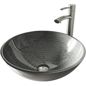Glass Round Vessel Bathroom Sink in Silver with Milo Faucet and Pop-Up Drain in Brushed Nickel