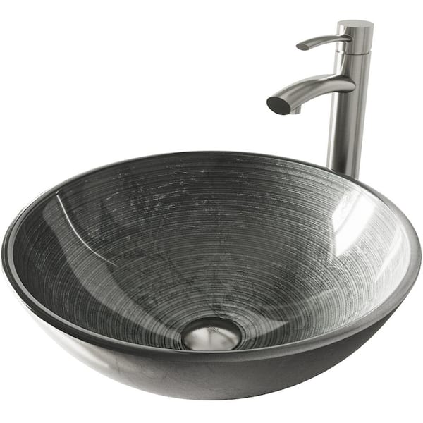 VIGO Glass Round Vessel Bathroom Sink in Silver with Milo Faucet and Pop-Up Drain in Brushed Nickel