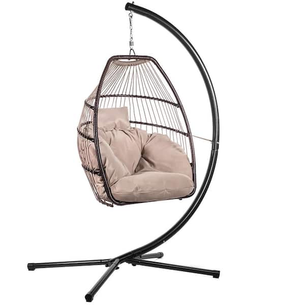 Barton Wicker Egg-Shaped Patio Swing Chair with Beige Cushion and Heavy-Duty Frame