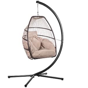 Black Wicker Egg-Shaped Patio Swing Chair with Brown Cushion