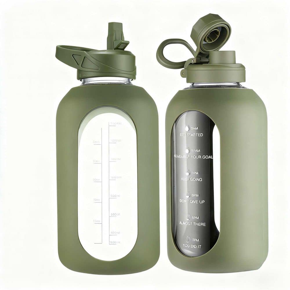64 oz. Army Green Glass Water Bottle with Time Marker, Dual Lids, and Silicone Sleeve price history on PriceWatchPro