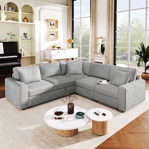 100 in. Square Arm 5-piece L Shaped Linen Modern Sectional Sofa with Thick Backrest and Seat Cushions in Gray