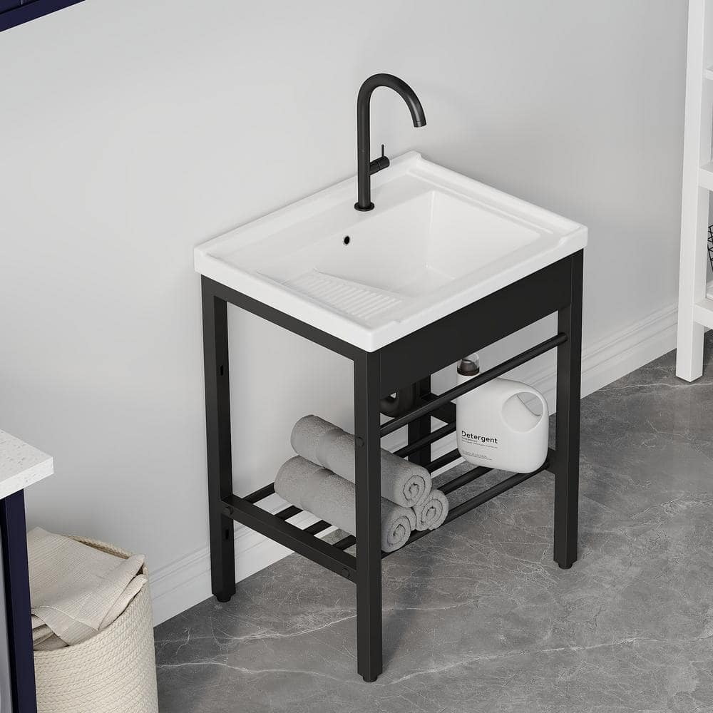 24" White Ceramic Freestanding Laundry Sink with Black Metal Frame