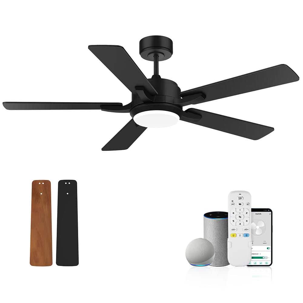 52 in. Smart Outdoor Indoor Black Ceiling Fans with LED Lights and Remote, 