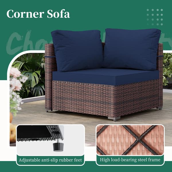 5-Piece Brown Wicker Patio Conversation Set Outdoor Sectional Sofa Set with Coffee Table and Navyblue Cushions