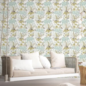 Into The Wild Green/Blue Metallic Floral Elephant Non-Pasted Non-Woven Paper Wallpaper Roll