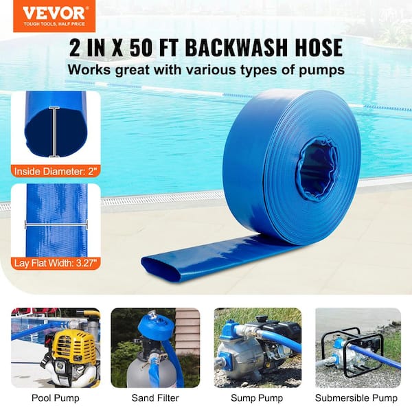 VEVOR Backwash Hose 50 ft. x 2 in. PVC Flat Discharge Hose with Aluminum  Camlock C and E Fittings Clamps for Pump Sand Filter FCXRG250FTPVCM9TXV0 -  The Home Depot