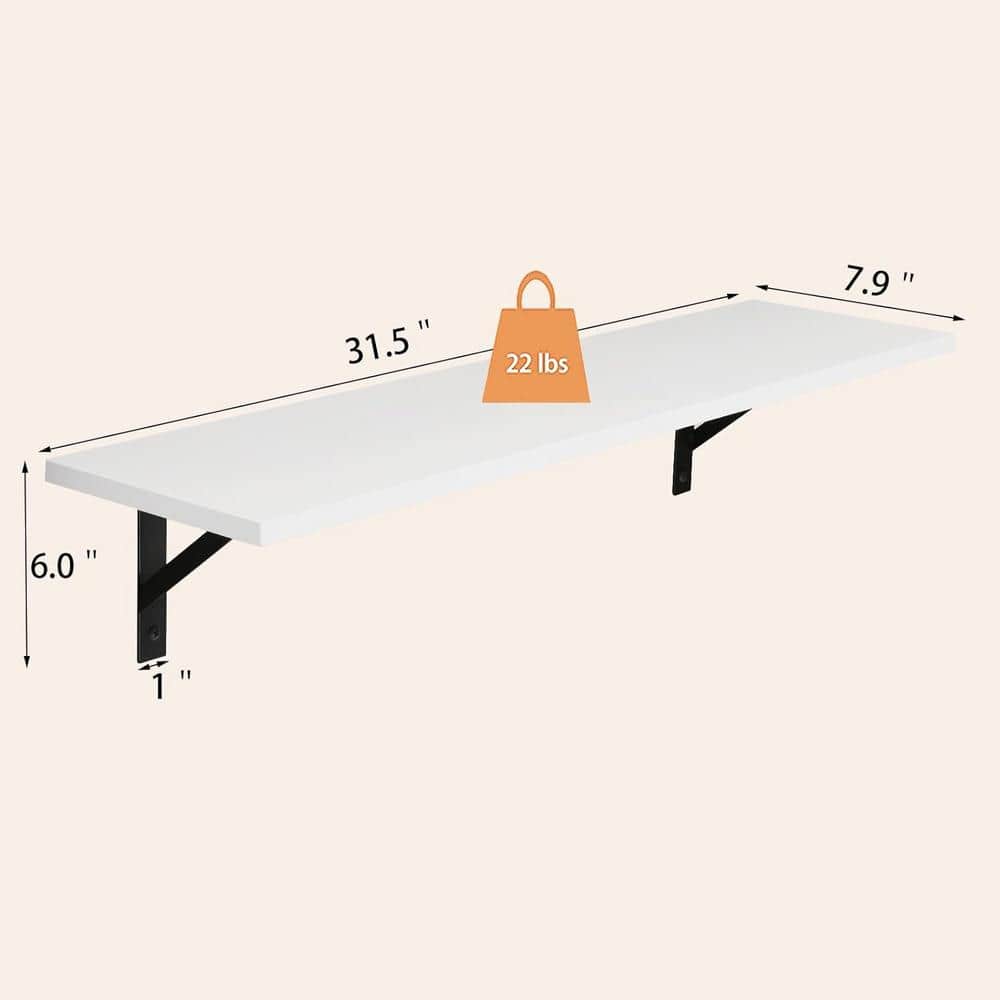 White Wood Floating Wall Shelves with Black Brackets, Set of 2