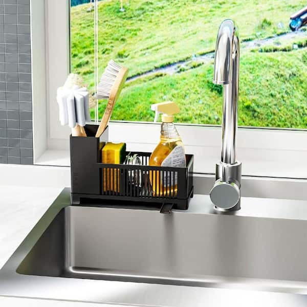Esepony Plastic Sink Organizer for Kitchen Countertops, Holding Dish Soap, Draining Sponges, and Storing Scrub Brushes, Black