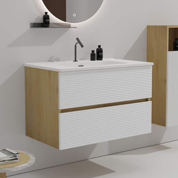 30 in. Single Sink Floating White Walnut Bath Vanity with White Ceramic Top, Pre-assembled