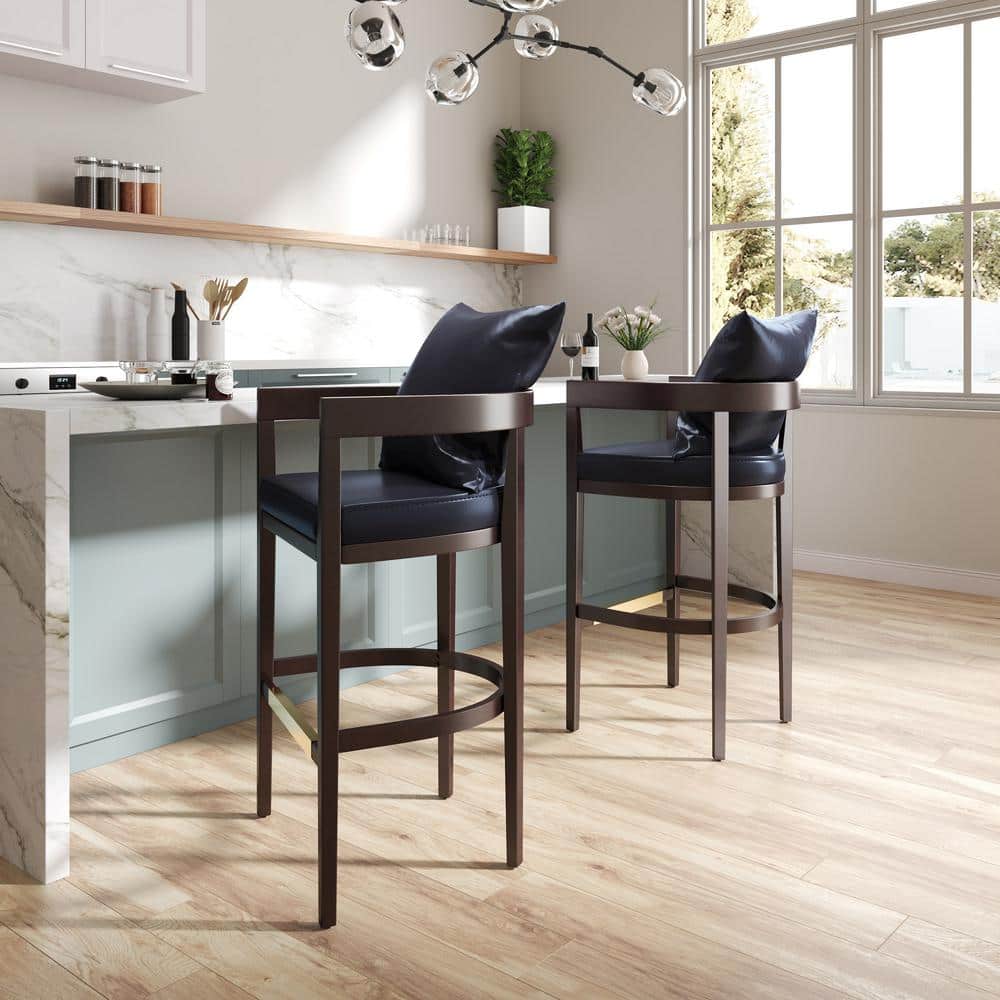 Elegant Black Faux Leather & Walnut Wood Barstool with Gold Accents