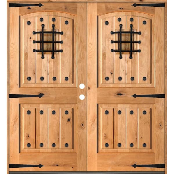 60 in. x 80 in. Mediterranean Knotty Alder Arch Top Clear Left-Hand Inswing Wood Double Prehung Front Door