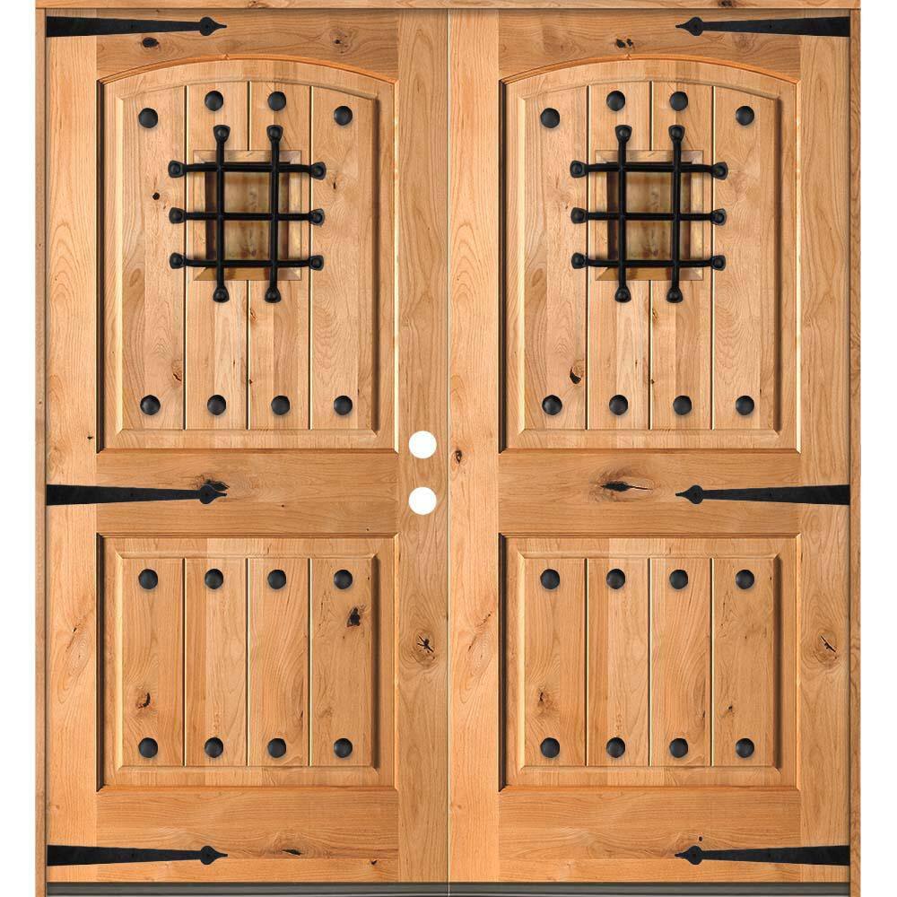 64 in. x 80 in. Mediterranean Knotty Alder Arch Top Clear Left-Hand Inswing Wood Double Prehung Front Door price history on PriceWatchPro