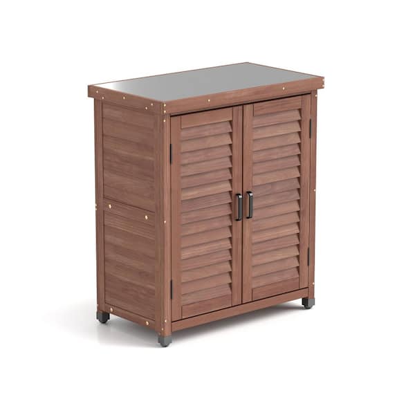Brown Potting Bench 31.5 in. W x 17 in. D x 36 in. H Outdoor Storage Cabinet, Metal Top Patio Garden Wood Workstation