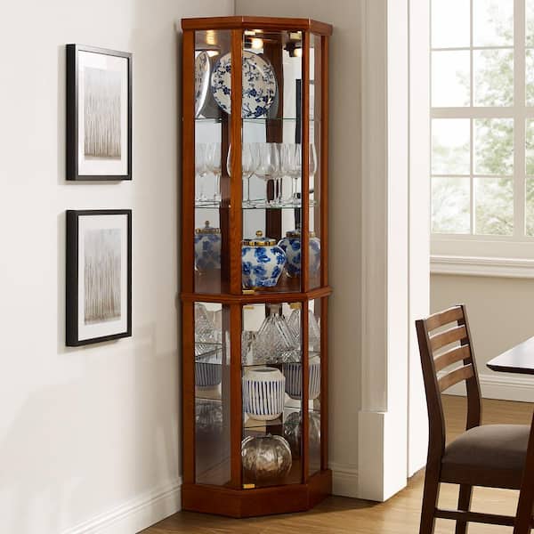 Corner Curio Cabinet Oak 70 in. H Lighted Glass Display Cabinet with 6 Shelves Floor Standing Corner Storage Rack