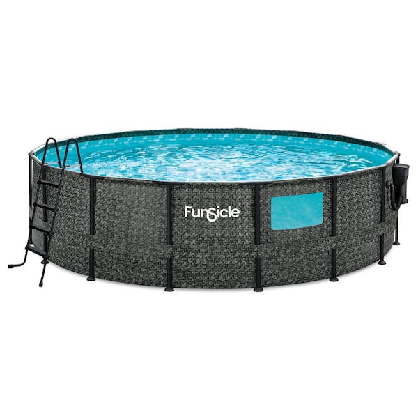 Funsicle 16 ft. Round 48 in. Deep Crystal Vue Oasis Metal Frame Swimming Pool, Dark Herringbone
