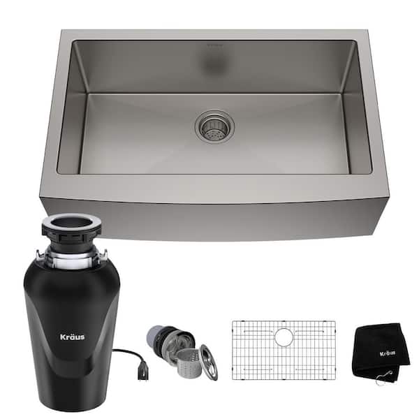 KRAUS Standart PRO 33" Single Bowl Stainless Steel Farmhouse Kitchen Sink with WasteGuard Continuous Feed Garbage Disposal