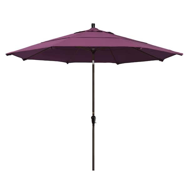 California Umbrella 11 ft. Bronze Aluminum Market Patio Umbrella with Auto-Tilt Crank Lift in Iris Sunbrella