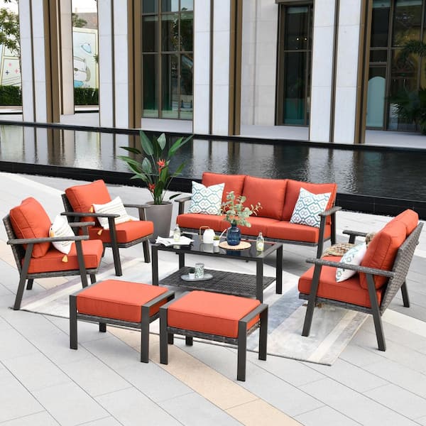 HOOOWOOO Walden Grey 7-Piece Wicker Metal Outdoor Patio Conversation Sofa Seating Set with Orange Red Cushions