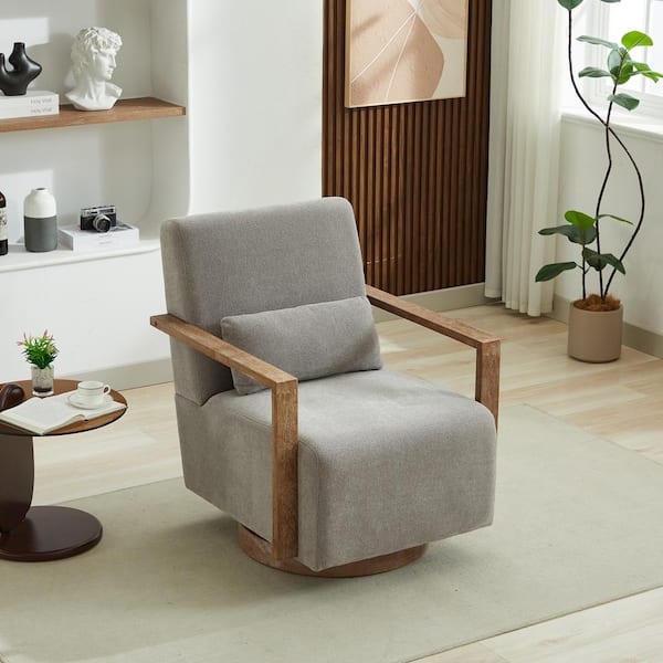30.3 in. W Elegant 360° Upholstered Swivel Chair with Solid Wood Armrests and Weathered Base - Gray