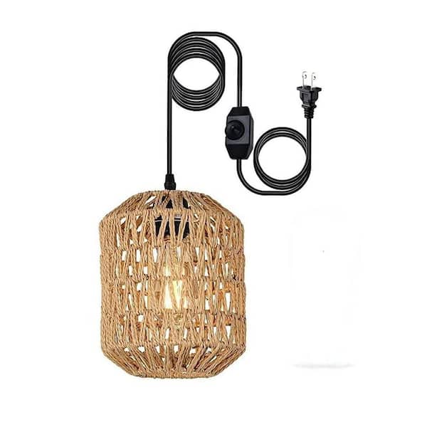Jushua 1-Light Brown Plug in Pendant Light with LED Bulb, Rattan Hanging Lamp with 16 ft. Dimmable Cord, No Bulbs Included