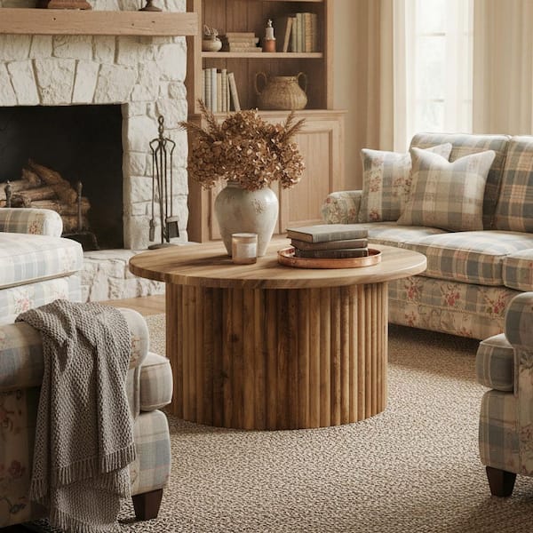 Allan 31.5 in. Brown Round Wood Coffee Table with Metal Base, Farmhouse Accent Center Tea Table for Living Room