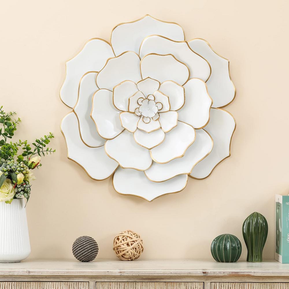 24-Inch White and Gold Iron Flower Wall Sculpture