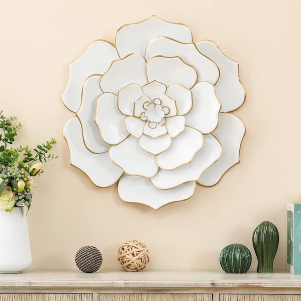 Luxen Home 24" Diameter White Flower Metal Wall Sculpture 