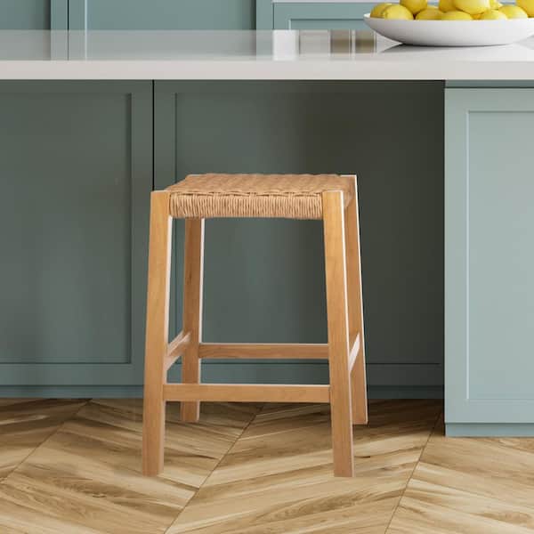 Alaterre Furniture Newport 24 in. H Natural Wood Counter Height Stool 24 with Handcrafted Woven Rope Seat