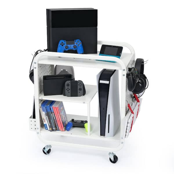 21.7 in. W x 12.6 in. D x 20.1 in. H White Metal 2-Shelf Gaming Station Organizer Rack with Controller and Headset Hooks