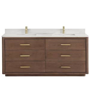 Porto 72 in. W x 22 in. D x 33.8 in. H Double Sink Bath Vanity in Dark Brown with White Quartz Stone Top