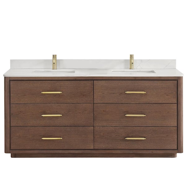 Porto 72 in. W x 22 in. D x 33.8 in. H Double Sink Bath Vanity in Dark Brown with White Quartz Stone Top