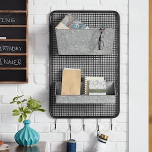 31 in. H x 18 in. W x 5 in. D Black and Galvanized Metal Wall Organizer with 5 Hooks