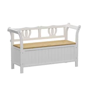 49.6 in. Width 2-Person Solid White Finished Spruce Wood Outdoor Bench with Hidden Storge, Back & Armrest