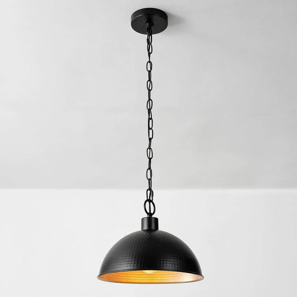 Globe Electric 1-Light Weathered Black Shaded Pendant Light with Hammered Metal Gold Interior Shade