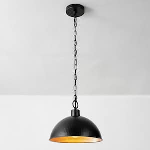 1-Light Weathered Black Shaded Pendant Light with Hammered Metal Gold Interior Shade
