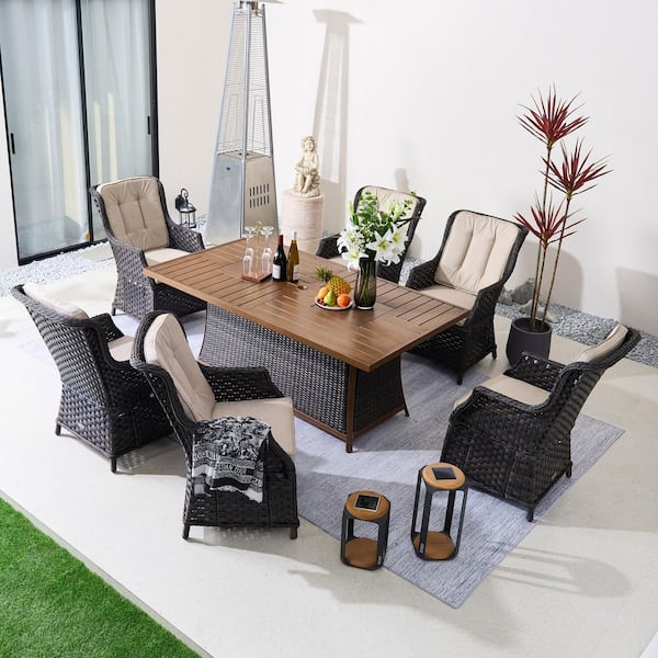 Rutendo 7-Piece Brown Wicker Aluminum Outdoor Patio Fire Pit Set with Beige Cushions