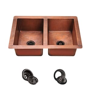 Undermount Copper 33 in. Double Bowl Kitchen Sink with Strainer and Flange