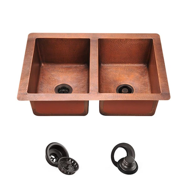 MR Direct Undermount Copper 33 in. Double Bowl Kitchen Sink with Strainer and Flange