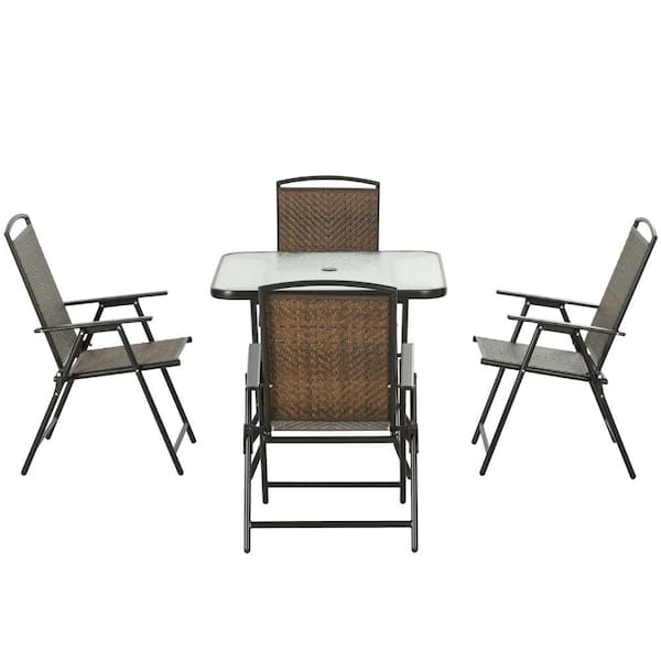 Unbranded Dark Brown 5-Piece Wicker Outdoor Dining Set, Foldable Table and Chairs Set with Umbrella Hole, Tempered Glass Table