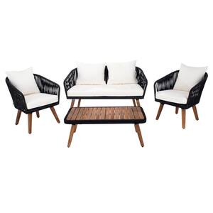 Ransin Black 4-Piece Acacia Wood Patio Conversation Set with Beige Cushions