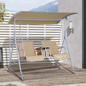 69.00 in. 2-Person Beige Metal Patio Swing with Stand and Canopy