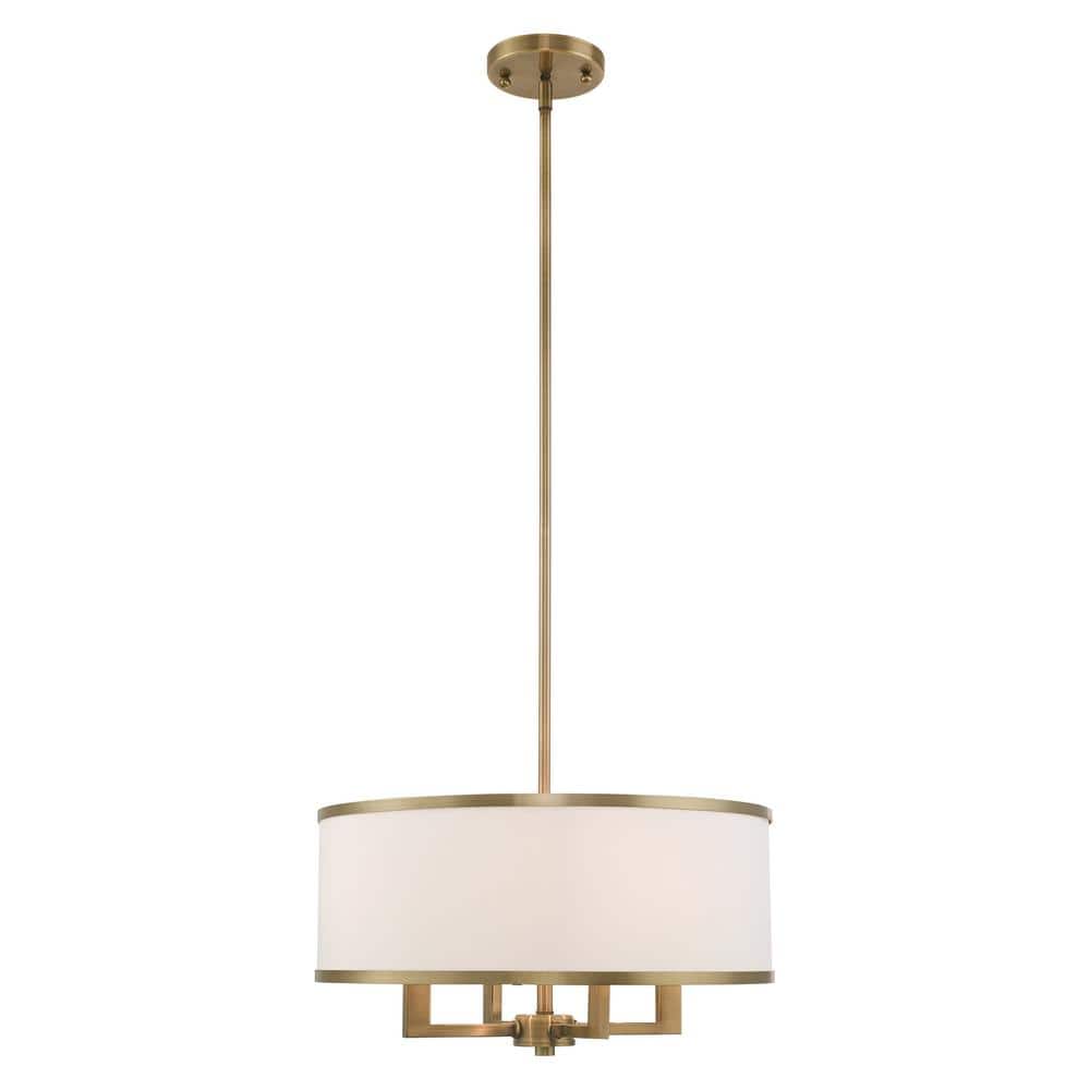 Mini Drum 4-Light Chandelier in Antique Brass with Off-White Shade