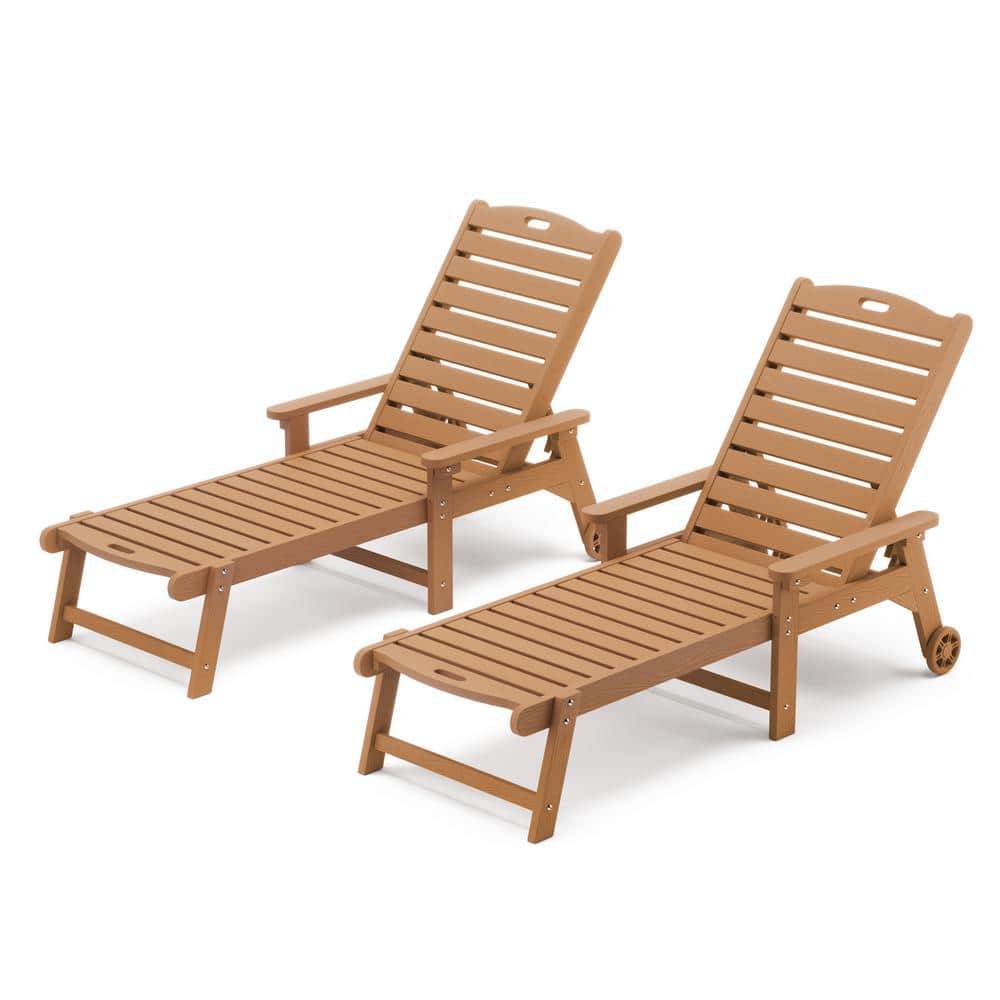 LUE BONA Helen Teak Brown Recycled Plastic Ply Adjustable Outdoor Reclining Chaise Lounge Chairs