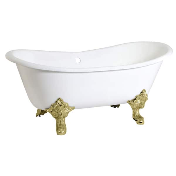 Aqua Eden 67 in. L Cast Iron Double Slipper Clawfoot Bathtub in White/Polished Brass